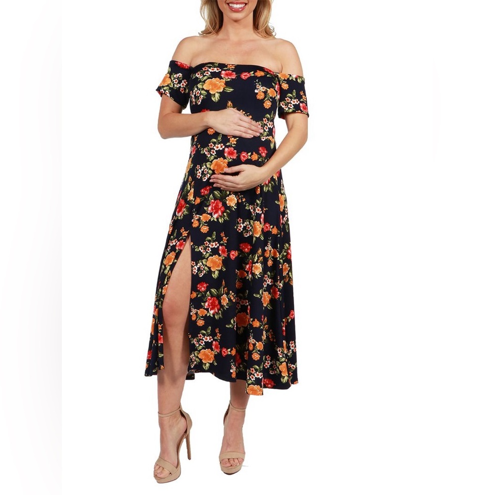 24/7 Comfort Eleanor Black Floral Side Slit Maternity Dress